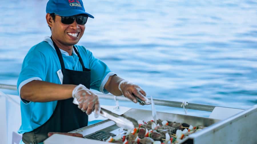 Gili Trawangan: 3-Gili Islands Snorkel Sunset Cruise w/ BBQ - BBQ and chilled tunes on the custom pontoon
